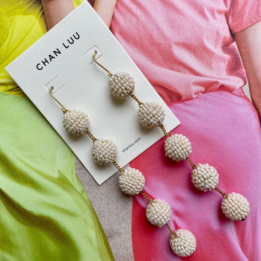 Chan Luu Cream Tier Small Pom Pom Earrings. - Picture 2 of 2